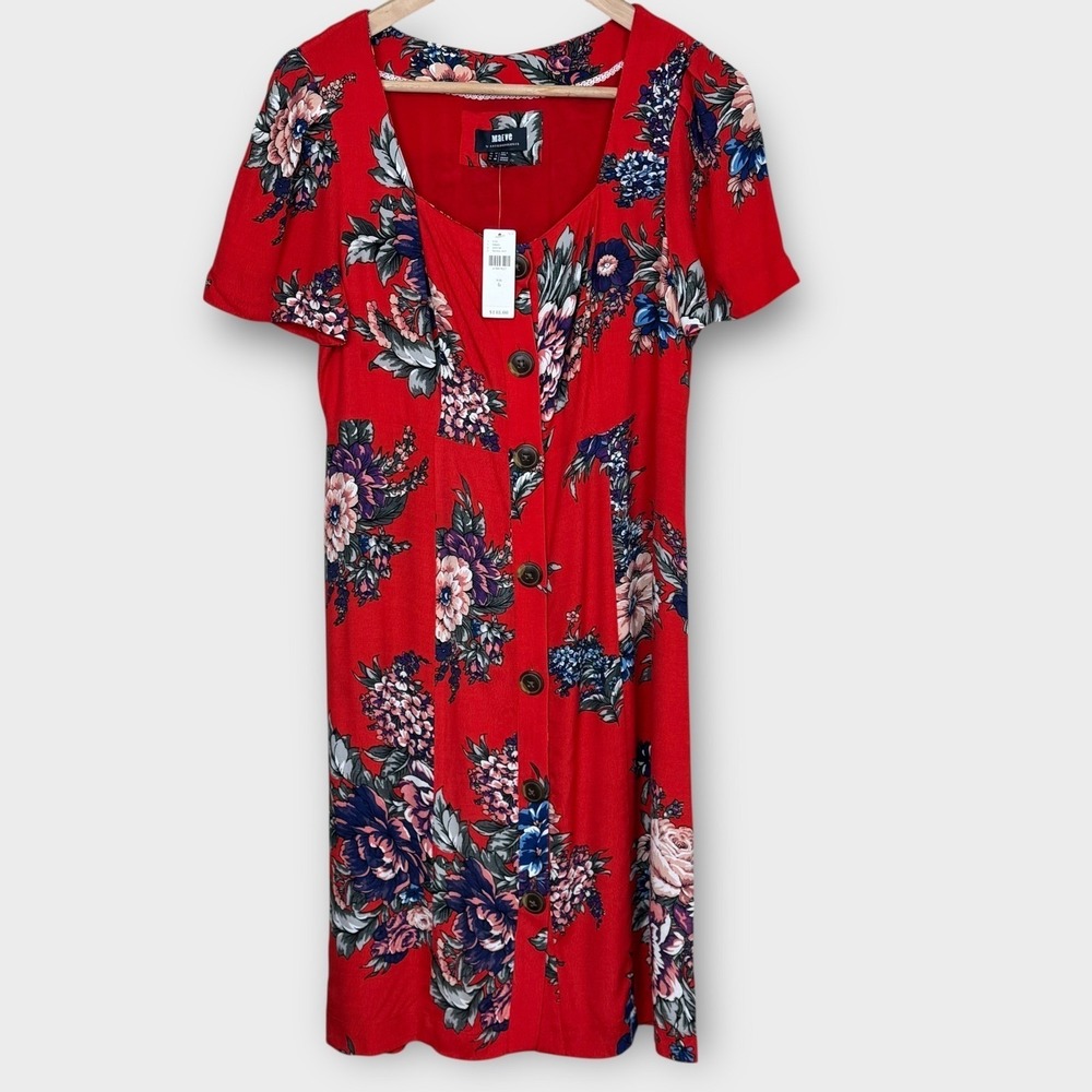 Maeve Anthropologie Caldwell Button Front‎ Dress Womens 6 Red NWT Square Neck - Picture 7 of 10